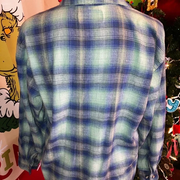 Vintage plaid Christmas shirt, blue button-down birds embroidery, Holiday medium - Picture 6 of 6